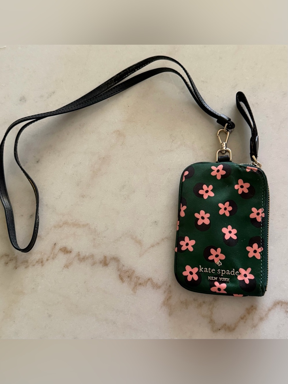 Kate Spade Chelsea Card Case ID Lanyard Dark Green With Flower Print